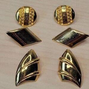 3 Pairs Gold-Toned Earrings: Ridged Arrow, Diamond-Shaped, Zig-Zag Circle Studs